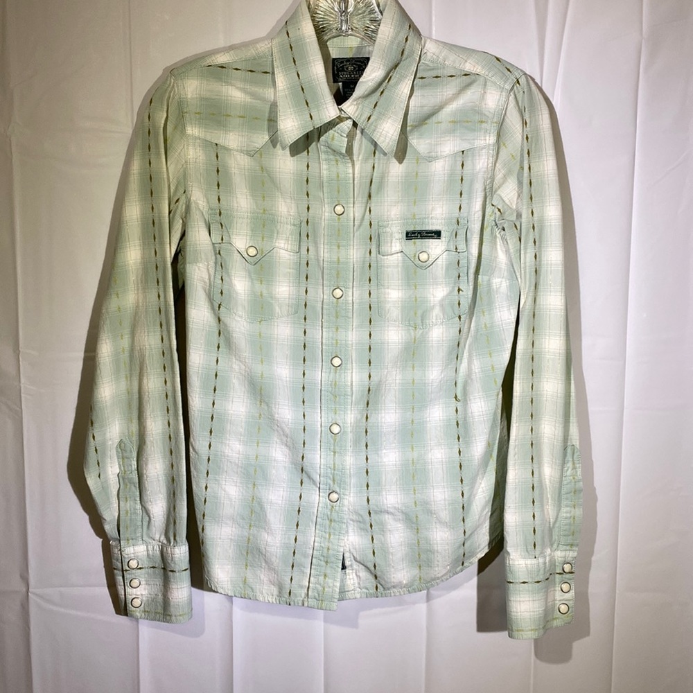 Soft Green & Gold Plaid Pearl Snap Shirt